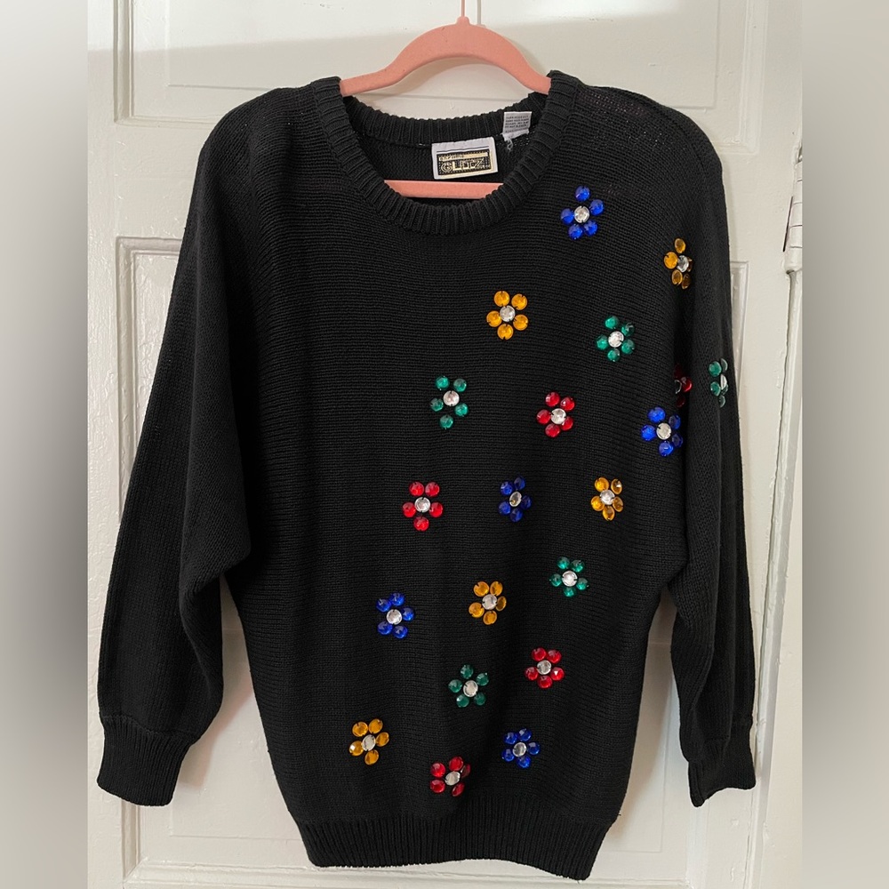 Vintage Anytime Glitz Jewel Flower Knit Sweater